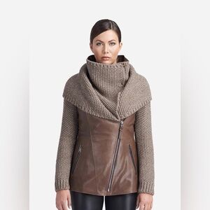 Stefano Leather Jacket Coat With Knit Trim